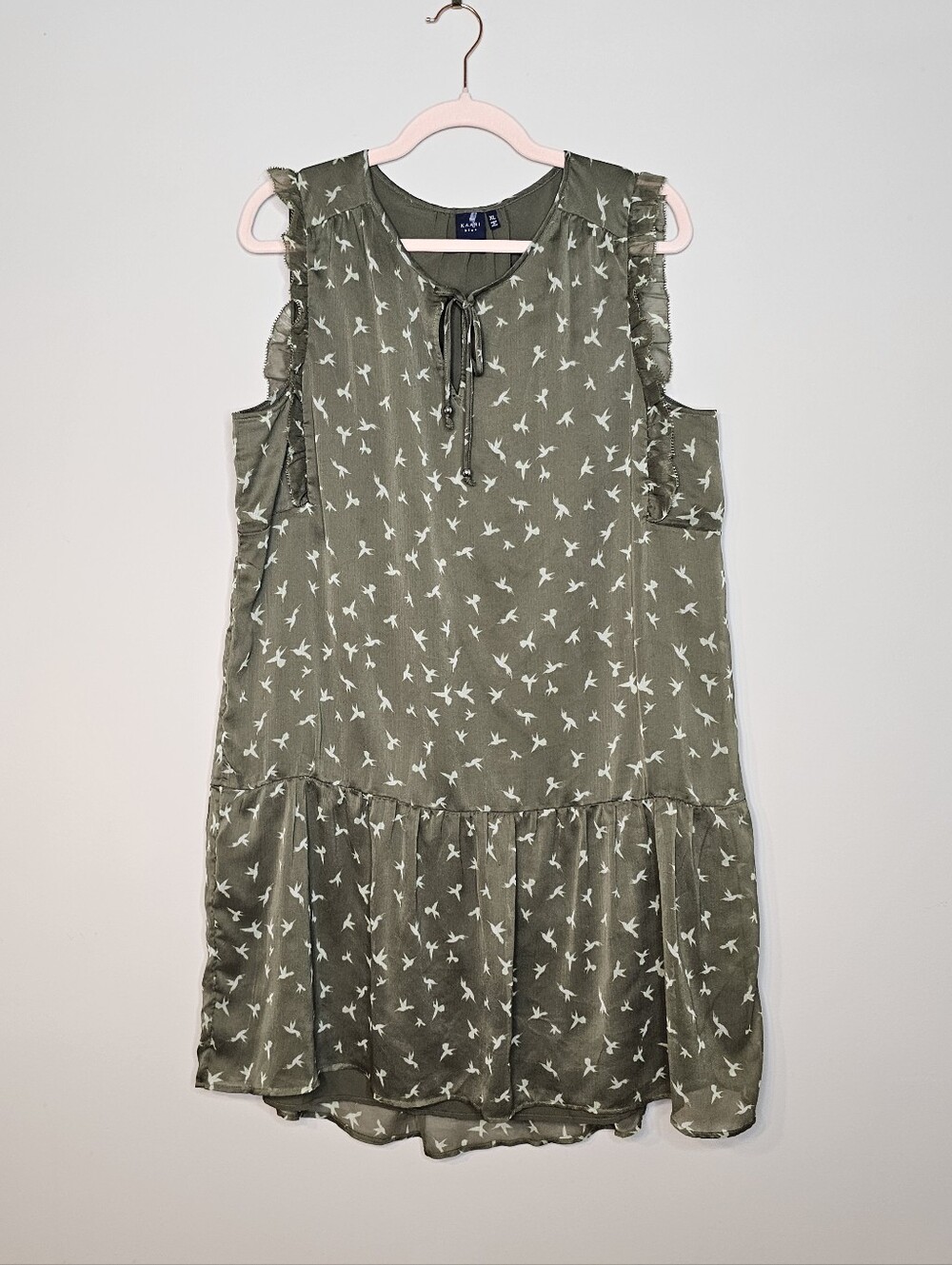 Kaari Blue Sleeveless Dress Green Bird Print Size XL Lined